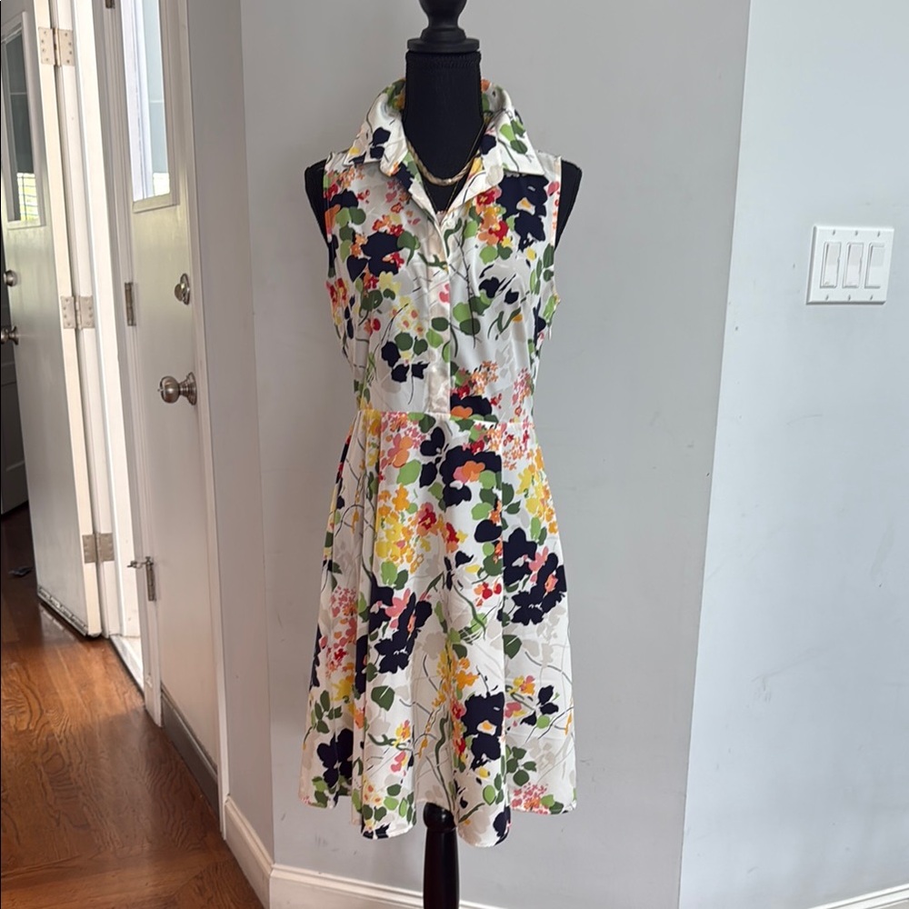 Banana Republic White Floral Midi Dress with Navy, Yellow & Green Accents